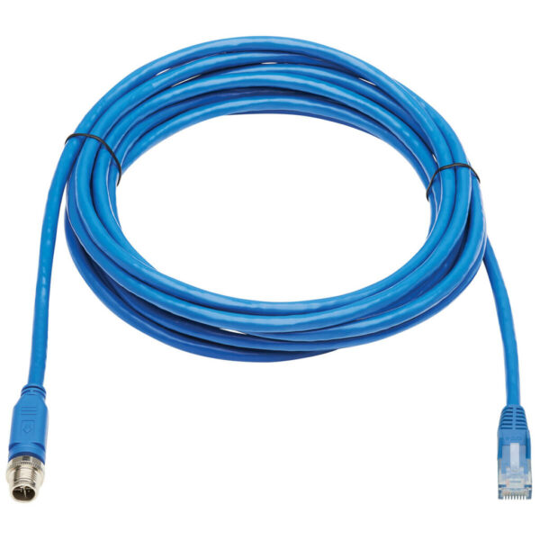 4bfe9de1d5fd6ba0d9c9477856fbe983-2 Tripp Lite series M12 X-Code Cat6 1G UTP CMR-LP Ethernet Cable (M12 M/RJ45 M), IP68, PoE, Blue, 5 m (16.4 ft.), TAA