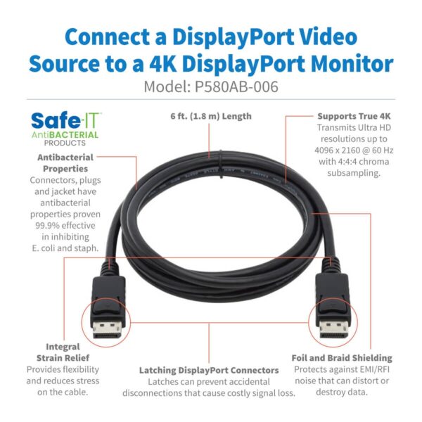 Tripp Lite series Safe-IT High-Speed DisplayPort Antibacterial Cable with Latching Connectors (M/M), UHD 4K 60 Hz, 6 ft. (1.83 m)