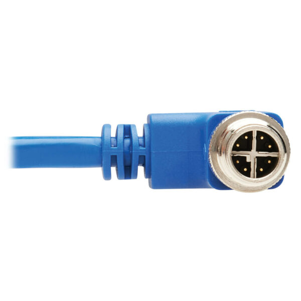 Tripp Lite series M12 X-Code Cat6 1G UTP CMR-LP Ethernet Cable (Right-Angle M12 M/RJ45 M), IP68, PoE, Blue, 10 m (32.8 ft.), TAA