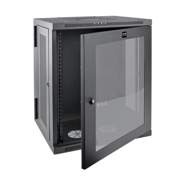 Tripp Lite series SmartRack 15U Low-Profile Switch-Depth Wall-Mount Half-Height Rack Enclosure, Clear Acrylic Window, Hinged Back