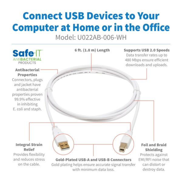 4f47d301e967a0429d626999b5f66da6 Tripp Lite series Safe-IT USB 2.0 A to B Antibacterial Cable (M/M), White, 6 ft. (1.83 m)