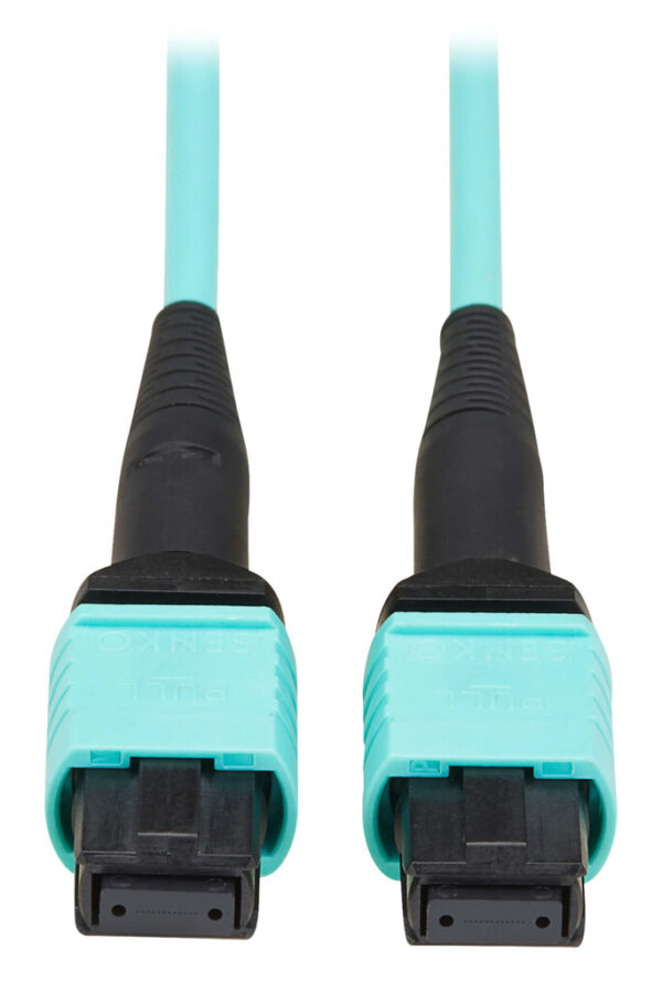 Tripp Lite series 40/100/400G Multimode 50/125 OM3 Fiber Optic Cable (8F MPO/MPO-PC F/F), Type-A Polarity, OFNP, Aqua, 20 m (65.6 ft.)