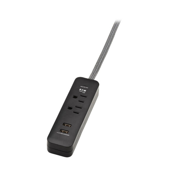 Tripp Lite series 2-Outlet Surge Protector with 2 USB Ports (2.1A Shared) - 6 ft. Cord, 5-15P Plug, 450 Joules, Black
