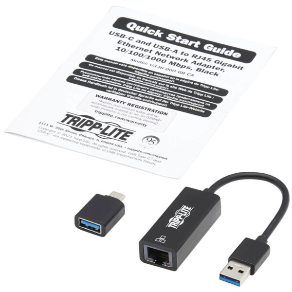 Tripp Lite series USB-C, USB-A to RJ45 Gigabit Ethernet Network Adapter (2xM/F), USB 3.2 Gen 1, Black