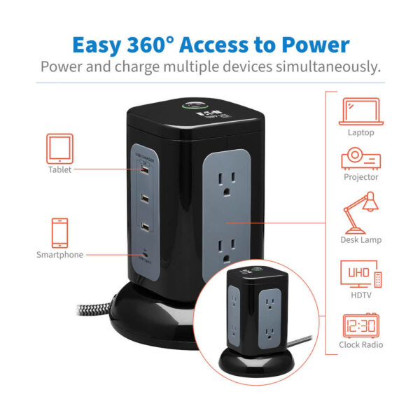 Tripp Lite series 6-Outlet Surge Protector Tower, 3x USB-A, 1x USB-C, 8 ft. Cord, 5-15P Plug, 1800 Joules, Black
