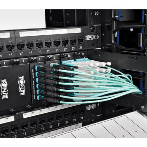5299c8a49b2f04e139db7fe676a2be52 Tripp Lite series MTP/MPO Patch Cable with Push/Pull Tabs, 12 Fiber, 40GbE, 40GBASE-SR4, OM3 Plenum-Rated - Aqua, 10M (33 ft.)