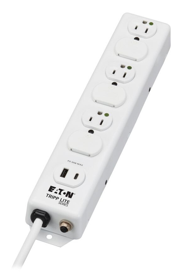 Tripp Lite series Safe-IT UL 1363 Medical-Grade Power Strip, 6 Hospital-Grade Outlets, USB Charging, Safety Covers, Antimicrobial, 15 ft. Cord
