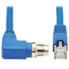 559058cee468c9fa793bb9a43b12af1e-2 Tripp Lite series M12 X-Code Cat6a 10G F/UTP CMR-LP Shielded Ethernet Cable (Right-Angle M12 M/RJ45 M), IP68, PoE, Blue, 10 m (32.8 ft.), TAA