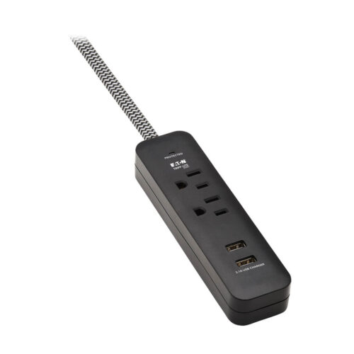 Tripp Lite series 2-Outlet Surge Protector with 2 USB Ports (2.1A Shared) - 6 ft. Cord, 5-15P Plug, 450 Joules, Black