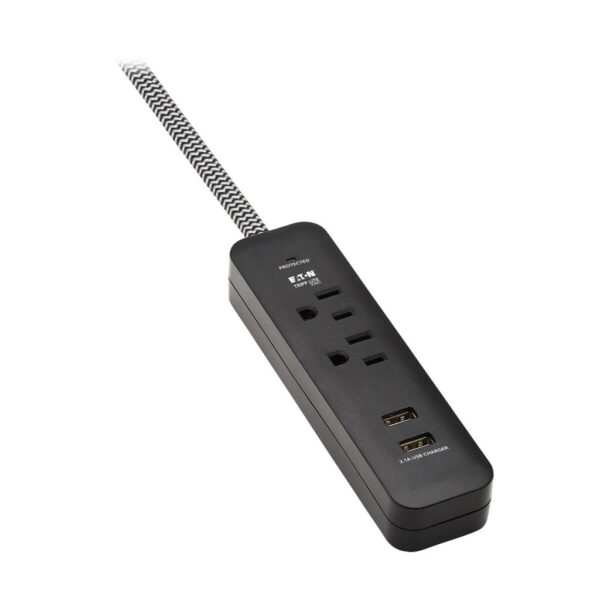 Tripp Lite series 2-Outlet Surge Protector with 2 USB Ports (2.1A Shared) - 6 ft. Cord, 5-15P Plug, 450 Joules, Black