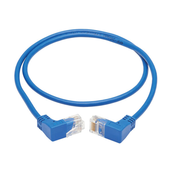 57bf9d3b66aec7eab26e4532616442d8 Tripp Lite series Up/Down-Angle Cat6 Gigabit Molded Slim UTP Ethernet Cable (RJ45 Up-Angle M to RJ45 Down-Angle M), Blue, 2 ft. (0.61 m)