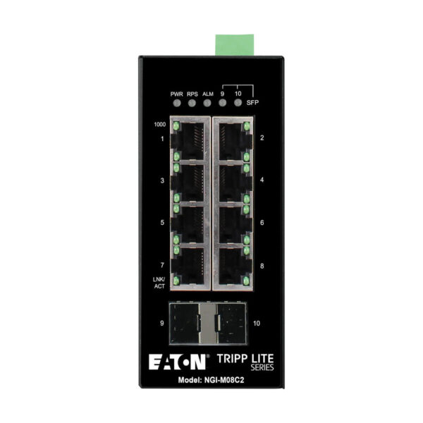 Tripp Lite series 8-Port Managed Industrial Gigabit Ethernet Switch - 10/100/1000 Mbps, 2 GbE SFP Slots, -40° to 75°C, DIN Mount, TAA