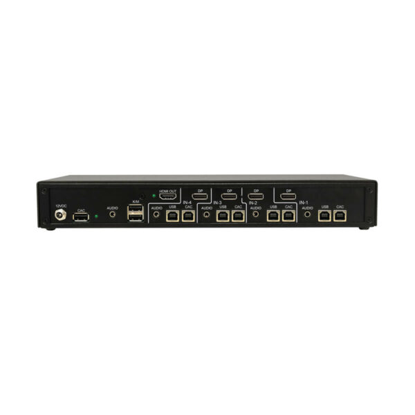 5b9c645b6aea6996518645e9d05bb341 Secure KVM Switch, 4-Port, Single Head, DP to HDMI (x4), 4K, NIAP PP4.0, Audio, CAC, TAA