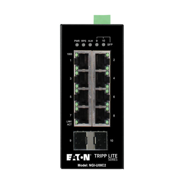 Tripp Lite series 8-Port Unmanaged Industrial Gigabit Ethernet Switch - 10/100/1000 Mbps, 2 GbE SFP Slots, -40° to 75°C, iQoS, DIN Mount, TAA
