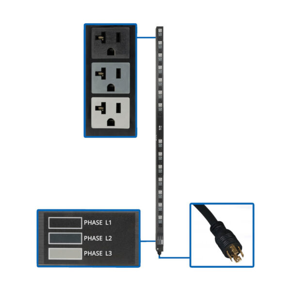 Tripp Lite series 5.7kW 3-Phase Basic PDU - 42 NEMA 5-15/20R 120V Outlets, 208V L21-20P Input, 6 ft. Cord, 70 in. 0U Rack, TAA