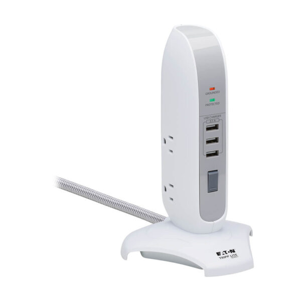 Tripp Lite series 5-Outlet Surge Protector Tower, 3x USB Ports (3.1A Shared), 6 ft. Cord, 5-15P Plug, 1200 Joules, White