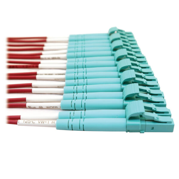 5f9f0ffc10057ae478952164a58efd88 Tripp Lite series 400G Multimode 50/125 OM4 Plenum Fiber Optic Breakout Cable, 16F MTP/MPO-APC to (x4) LC Duplex (F/M), Magenta, 5 m