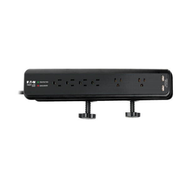 Tripp Lite series Protect It! 6-Outlet Clamp-Mount Surge Protector, 6 ft. (1.83 m) Cord, 2100 Joules, 2 x USB Charging ports (2.1A total)