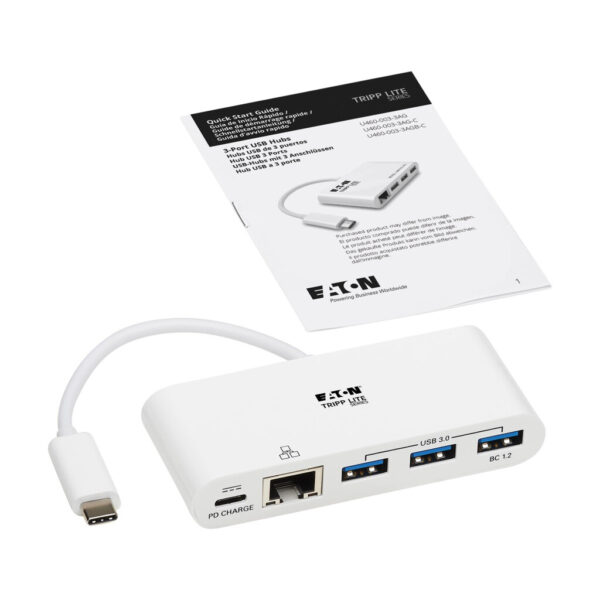 Tripp Lite series 3-Port USB-C Hub - USB 3.x (5Gpbs) Hub Ports, Gigabit Ethernet, 60W PD Charging, White