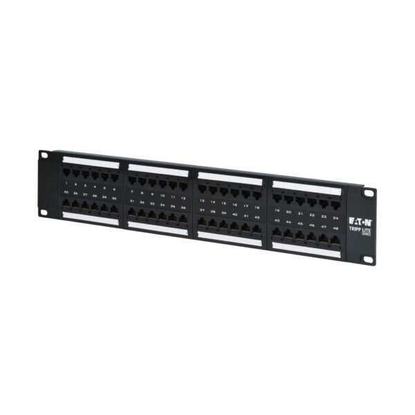 Tripp Lite series 48-Port Cat6 Patch Panel - 4PPoE Compliant, 110/Krone, 568A/B, RJ45 Ethernet, 2U Rack-Mount, Black, TAA
