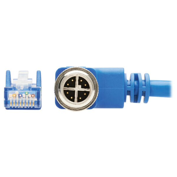 Tripp Lite series M12 X-Code Cat6 1G UTP CMR-LP Ethernet Cable (Right-Angle M12 M/RJ45 M), IP68, PoE, Blue, 1 m (3.3 ft.), TAA