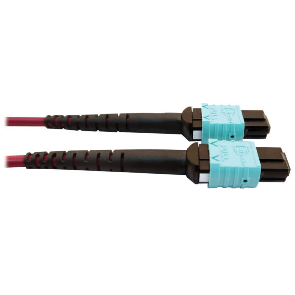 Tripp Lite series 400G Multimode 50/125 OM4 Plenum Fiber Optic Cable, 16F MTP/MPO-APC to (x2) 12F MTP/MPO-UPC (F/F), Magenta, 5 m
