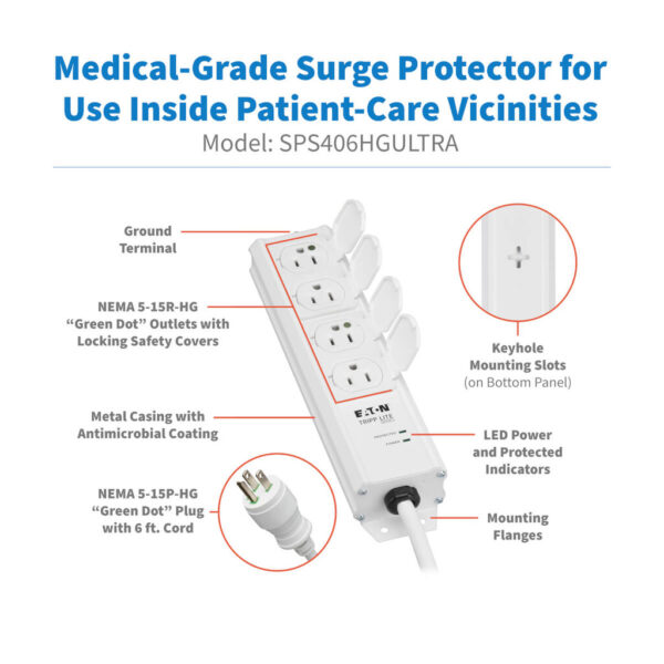 69139940663501c78671d2cfa3c739f4 Tripp Lite series Safe-IT UL 2930 Medical-Grade Surge Protector for Patient-Care Vicinity, 4x Hospital-Grade Outlets, 6 ft. Cord