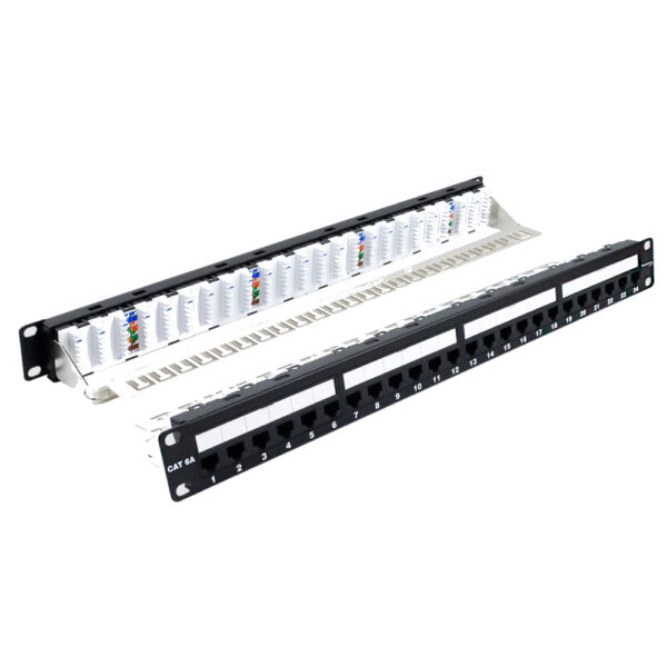 CAT6A, 110-Type, Patch Panel, 24-Port, 1U, T568A/B, W/Rear CMGT. Bar