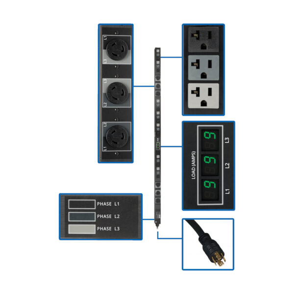 Tripp Lite series 5.7kW 3-Phase Local Metered PDU, 208/120V Outlets (21 5-15/20R, 6 L6-20R), L21-20P, 6 ft. (1.83 m) Cord, 0U Vertical, TAA