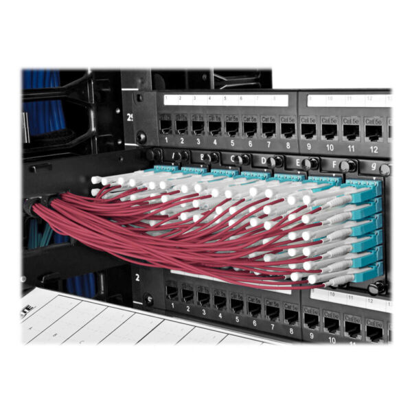 6d1688bff04050ccd00b0afd74e88387-2 Tripp Lite series 40G MTP/MPO to 4xLC Fan-Out OM4 Plenum-Rated Fiber Optic Cable, 40GBASE-SR4, Push/Pull Tabs, Magenta, 1 m