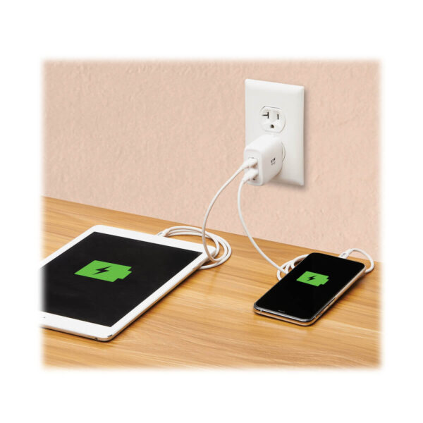 6e00d9d2874db5352baf38d50b528d04 Tripp Lite series Dual-Port Compact USB-C Wall Charger - GaN Technology, 40W PD Charging (20W+20W or 30W), White
