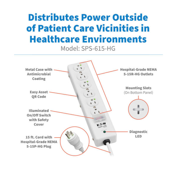6e49020e5ebcc63199769032101bc771 Tripp Lite series Hospital-Grade Surge Protector with 6 Hospital-Grade Outlets, 15 ft. (4.57 m) Cord, 1050 Joules, UL 1363, Not for Patient-Care Rooms