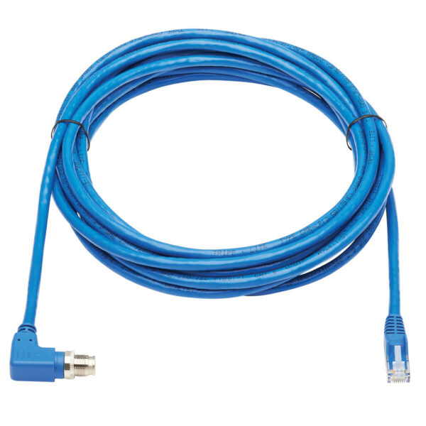 Tripp Lite series M12 X-Code Cat6 1G UTP CMR-LP Ethernet Cable (Right-Angle M12 M/RJ45 M), IP68, PoE, Blue, 10 m (32.8 ft.), TAA
