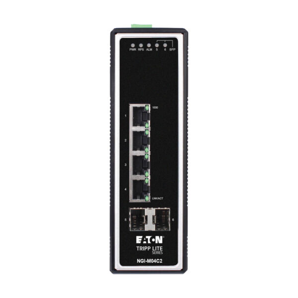 Tripp Lite series 4-Port Managed Industrial Gigabit Ethernet Switch - 10/100/1000 Mbps, 2 GbE SFP Slots, -40° to 75°C, DIN Mount, TAA