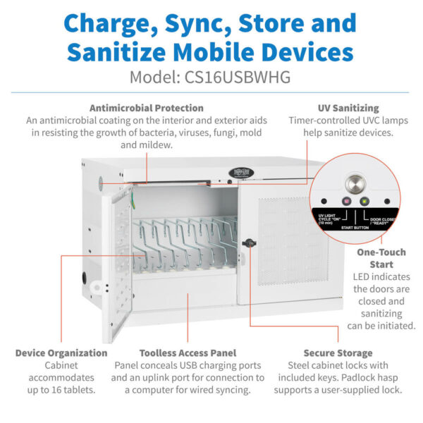 Tripp Lite series Safe-IT Multi-Device UV Charging Station, Hospital-Grade, 16 USB Ports, iPad and Android Tablets, Antimicrobial, White