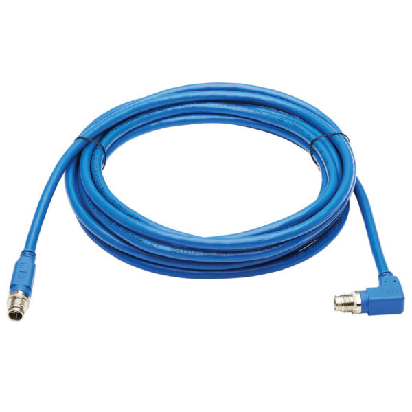 Tripp Lite series M12 X-Code Cat6a 10G F/UTP CMR-LP Shielded Ethernet Cable (Right-Angle M/M), IP68, PoE, Blue, 10 m (32.8 ft.), TAA
