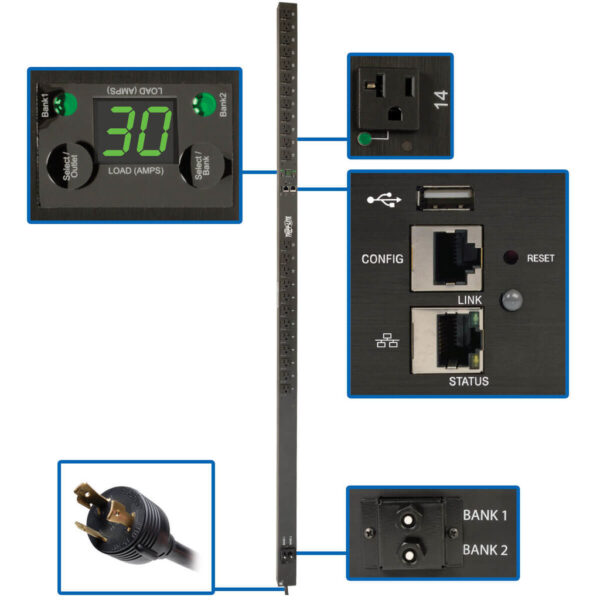 7485d8be07174cb5a9f3991a577aec92 Eaton 2.9kW Single-Phase Switched PDU, LX Platform, Outlet Monitoring, 120V Outlets (24 NEMA 5-15/20R), L5-30P Plug, 0U, TAA - PDUMVR30NETLX
