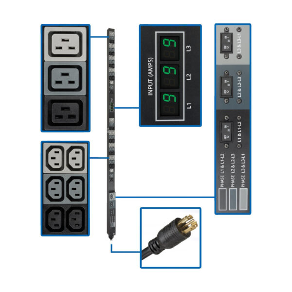 Tripp Lite series 8.6kW 3-Phase Local Metered PDU, 208/120V Outlets (36 C13, 6 C19, 6 5-15/20R), 208V L21-30P, 6 ft. (1.83 m) Cord, 0U Vertical, TAA