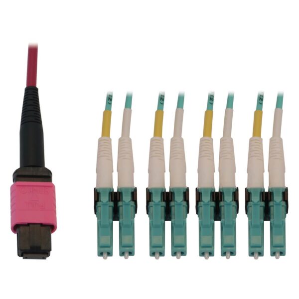 Tripp Lite series 40/100G Multimode 50/125 OM4 Fiber Optic Cable (12F MTP/MPO-PC to 4x Duplex LC/PC F/M), LSZH, Magenta, 2 m (6.6 ft.)