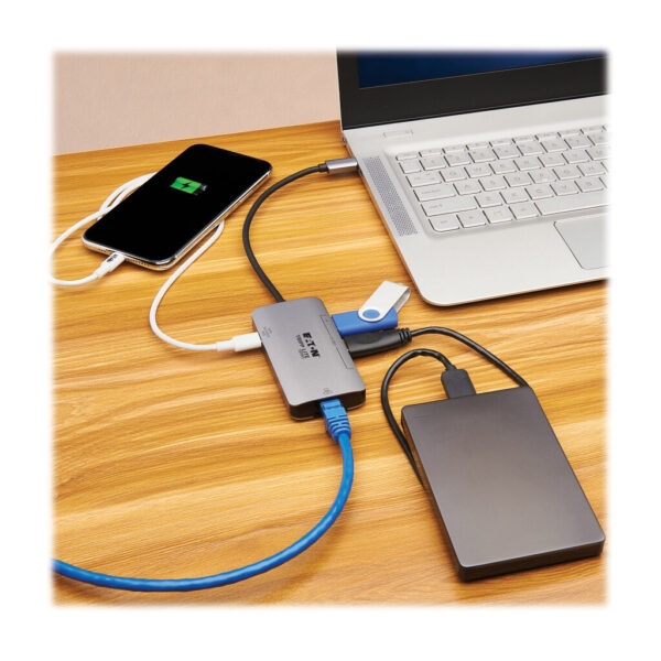 Tripp Lite series 3-Port USB-C Hub - USB 3.x (5Gbps) Hub Ports, Gigabit Ethernet, Thunderbolt 3, 100W PD Charging, Aluminum Housing