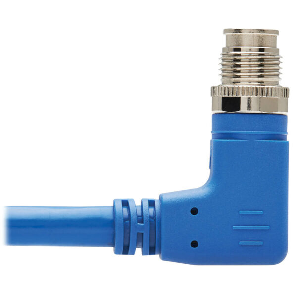 7710afb916834c327e8cd56ba5621051-3 Tripp Lite series M12 X-Code Cat6a 10G F/UTP CMR-LP Shielded Ethernet Cable (Right-Angle M12 M/RJ45 M), IP68, PoE, Blue, 1 m (3.3 ft.), TAA