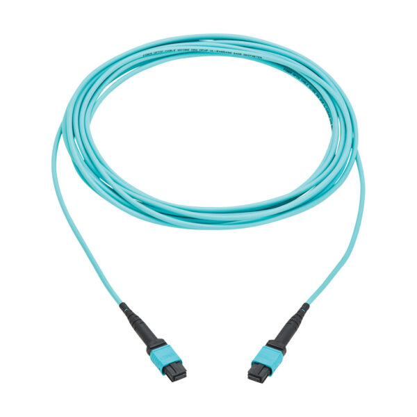 Tripp Lite series 100G Multimode 50/125 OM4 Fiber Optic Cable (12F MPO/MPO-PC F/F), Type-A Polarity, OFNP, Aqua, 5 m (16.4 ft.), TAA