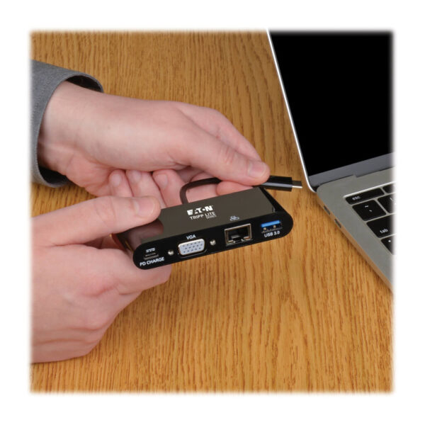 79127145cefabcd8822fa2ba0d81b119 Tripp Lite series USB-C Multiport Adapter, VGA, USB 3.x (5Gbps) Hub Port, Gigabit Ethernet and 60W PD Charging, Black