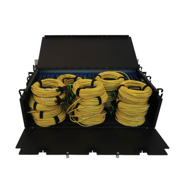 Tripp Lite series Preloaded Fiber Patch Panel, 3U - 24x (12F MTP/MPO-APC to 4x LC Duplex F/F) 8F Trunk Cables, OS2 Singlemode, 10 m (32.8 ft.)