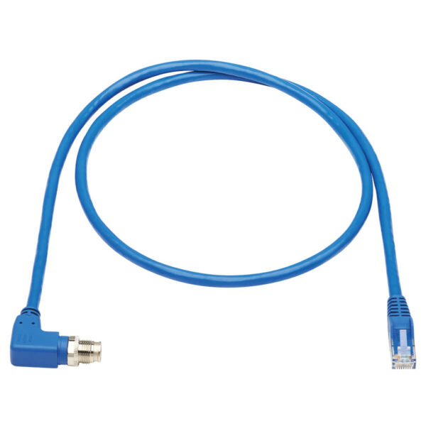 7a839b43e5e7f7459842d00af2a8cb42-1 Tripp Lite series M12 X-Code Cat6 1G UTP CMR-LP Ethernet Cable (Right-Angle M12 M/RJ45 M), IP68, PoE, Blue, 2 m (6.6 ft.), TAA