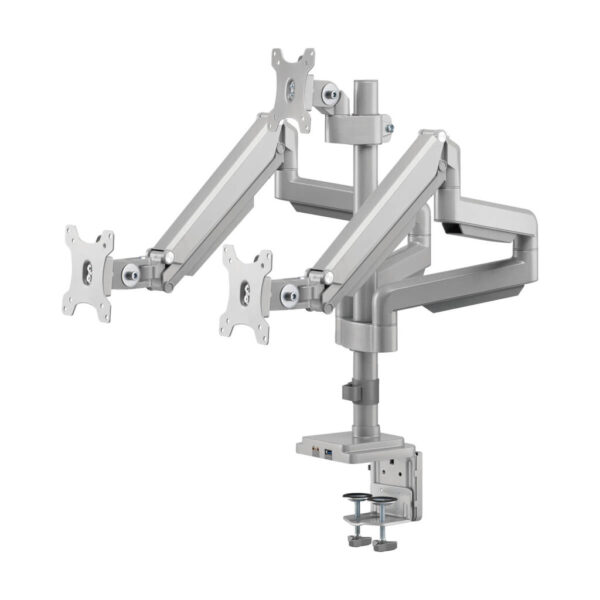 Tripp Lite series Triple-Display Gas-Spring Flex-Arm Desktop Clamp and Grommet for 17” to 30” Flat-Screen Displays - USB and Audio Ports, Aluminum