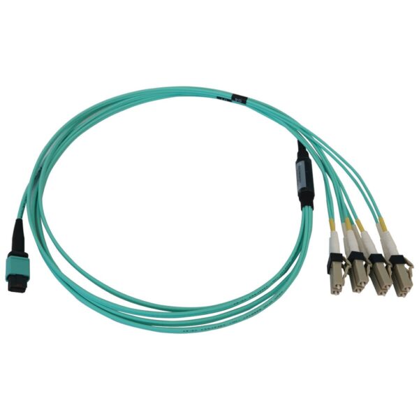 7b53478fb332c64b4f4b4fcc697996f9 Tripp Lite series 40/100/400G Multimode 50/125 OM3 Fiber Optic Cable (12F MTP/MPO-PC to 4x Duplex LC/PC F/M), LSZH, Aqua, 1 m (3.3 ft.)