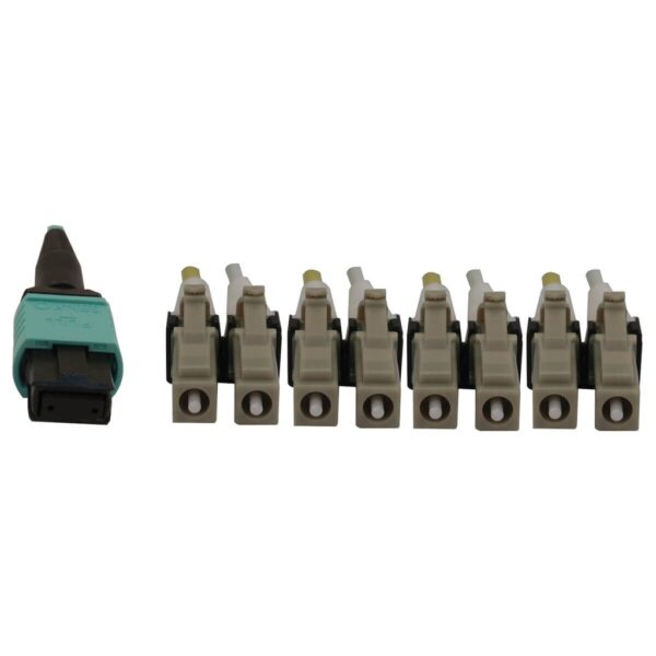 7b776b8a5b59226393af089685d62d6f-2 Tripp Lite series 40/100/400G Multimode 50/125 OM3 Fiber Optic Cable (12F MTP/MPO-PC to 4x Duplex LC/PC F/M), LSZH, Aqua, 1 m (3.3 ft.)