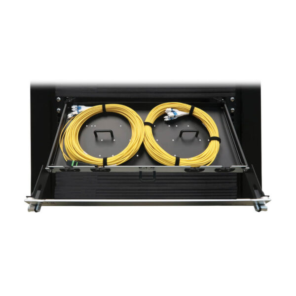 Tripp Lite series Preloaded Fiber Panel, 1U - 2x (12F MTP/MPO-APC to 4x LC Duplex F/M) 8F Trunk Cables, OS2 Singlemode, 20 m (65.6 ft.)