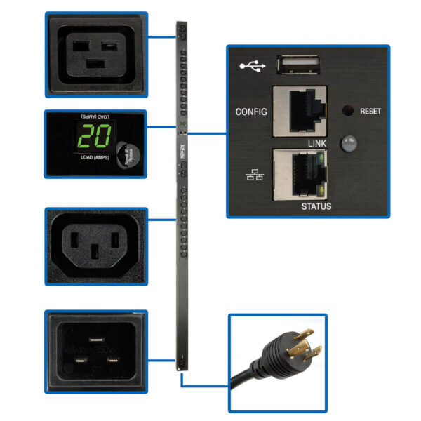 Eaton 3.7kW Single-Phase 208/230V Monitored PDU - LX Platform, 20 C13, 4 C19 Outlets, C20 Input with L6-20P Adapter, 0U 1778mm Height, TAA